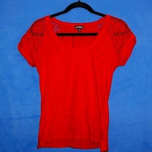 EXPRESS Crochet Shoulder T-Shirt Top Red XS